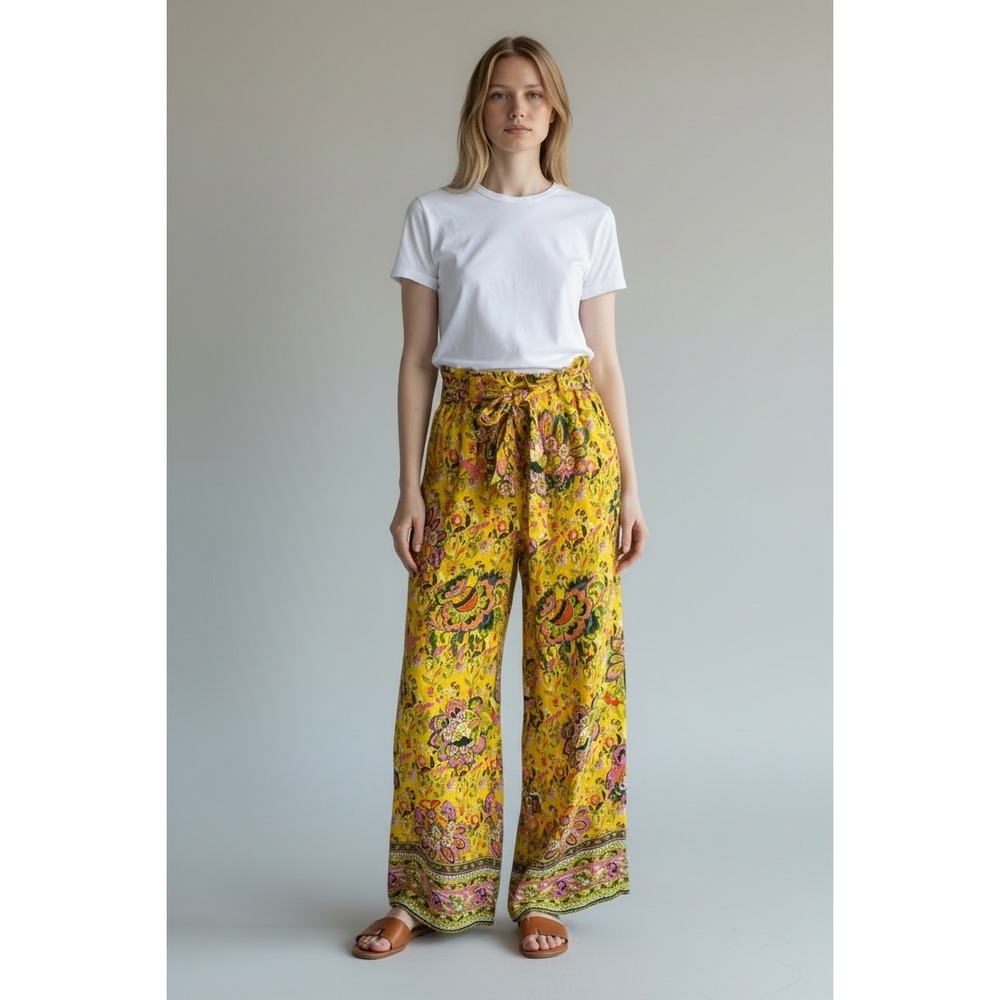 Gibson Paisley Floral Linen Blend Wide Leg Pants S Boho 70s Retro‎ Trop Festival